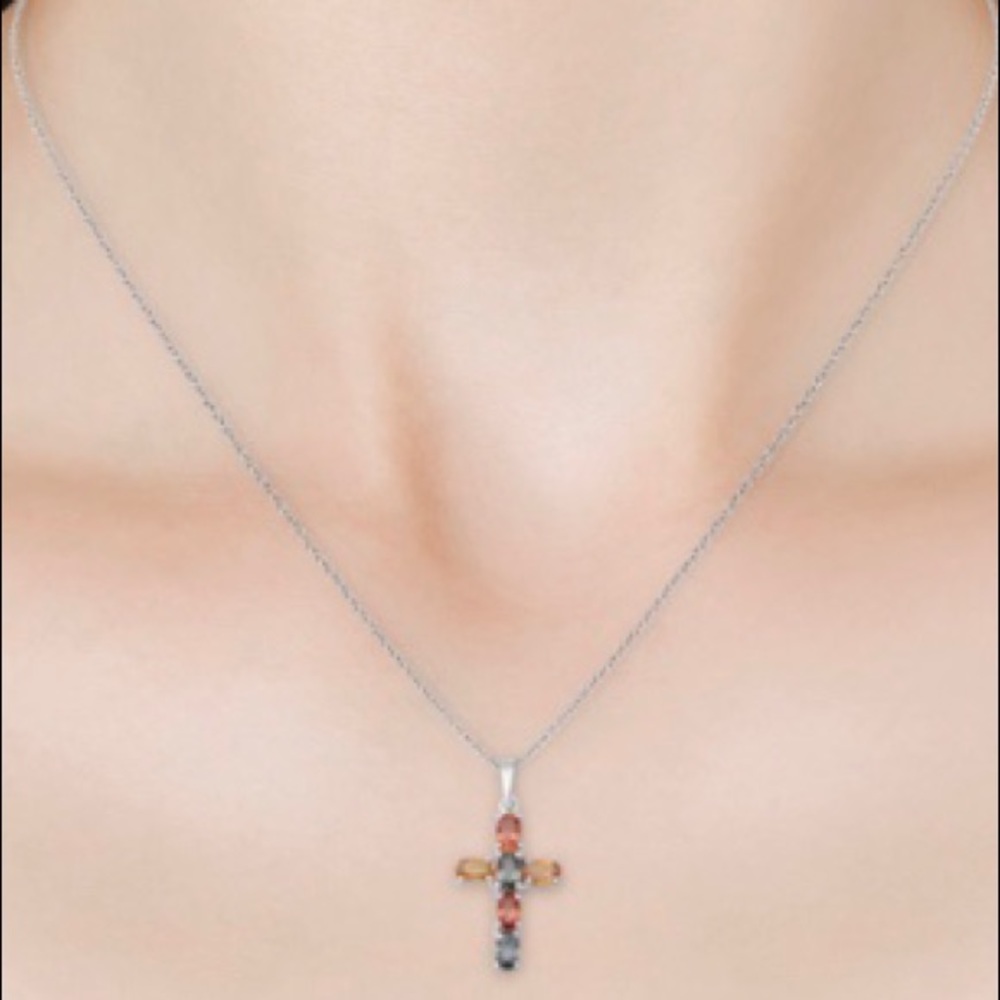 MULTI SAPPHIRE CROSS PENDANT 1.86 - Picture 2 of 5
